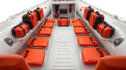 A modern white boat with orange life jackets and safety equipment on board.