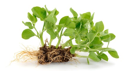 A plant with exposed roots and green leaves on a white background.