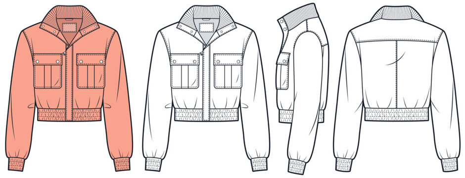 Bomber Jacket Technical Flat Sketch. Utility Jacket fashion flat technical drawing template, patch pockets, front, side and back view, white, pink, women, men, unisex CAD mockup set.