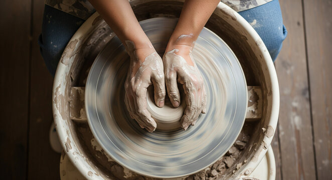 Top-down view of woman's muddy hands centering a lump of wet clay on a spinning pottery wheel, creative ceramic workshop process.
