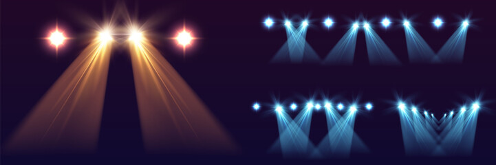 A set of multi-colored spotlights with realistic glow and a directional light cone.