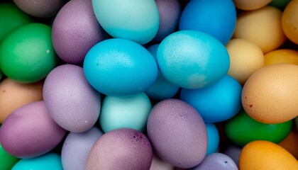 An assortment of easter eggs in green, purple, light blue, dark blue, yellow and orange colors are grouped together in a close up view