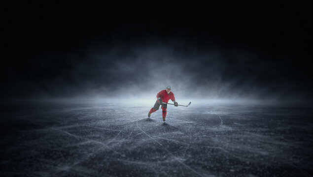 Dramatic artwork hockey player skating forward on dark ice. Concept of professional hockey match action, attacking player movement, sports event promotion, broadcast and advertising background.