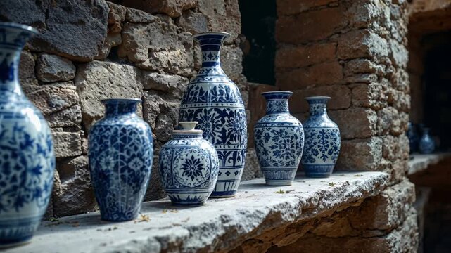 Collection of antique style chinese porcelain vases with blue patterns sitting on a rustic stone wall