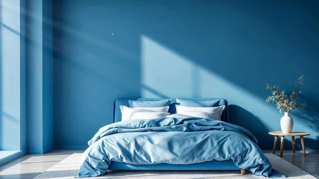Sunlight streams into a tranquil blue bedroom with dust motes dancing in the sunbeams