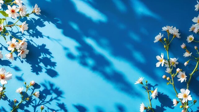 Beautiful floral frame of white daisy flowers with moving shadows on a vibrant blue background