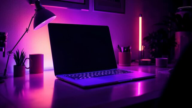 Stylish home office desk setup with a laptop computer illuminated by vibrant purple and pink neon lights
