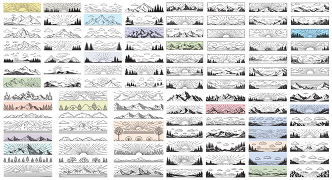 Panoramic hand drawn mountain landscape vector set featuring sunrises, skies, clouds, forests, and hills in vintage line art style.