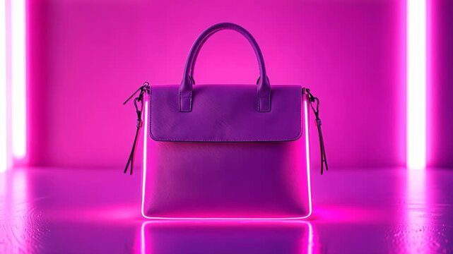Elegant modern handbag illuminated by vibrant pink neon lights in a futuristic setting