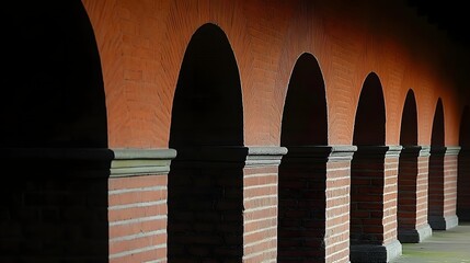 Row of reddish brick arches casts dramatic shadows along a walkway