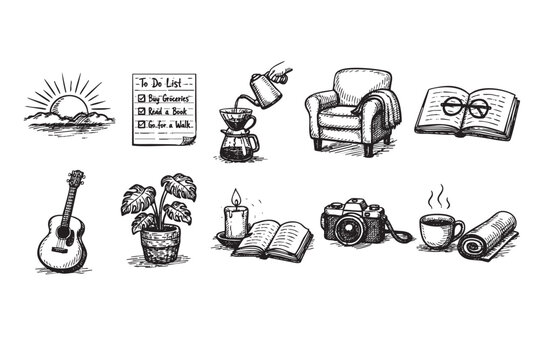 This black and white hand-drawn vector illustration set depicts various cozy daily routine and lifestyle elements, perfect for themes of relaxation, self-care, and productivity.