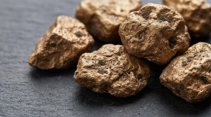 Raw Natural Gold Nuggets on Dark Stone Surface