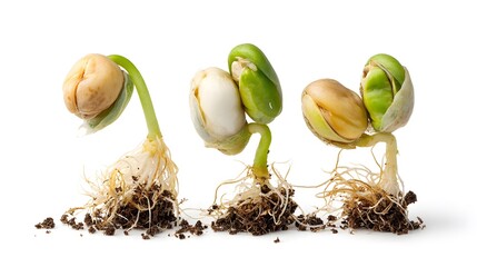 Three sprouting seeds with visible roots and soil on a white background.