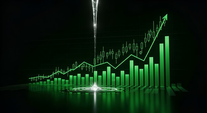 Digital visualization of an ascending financial stock market performance chart featuring bright green candlestick bars and line graphs indicating positive growth trajectory against a dark backdrop. - Powered by Adobe