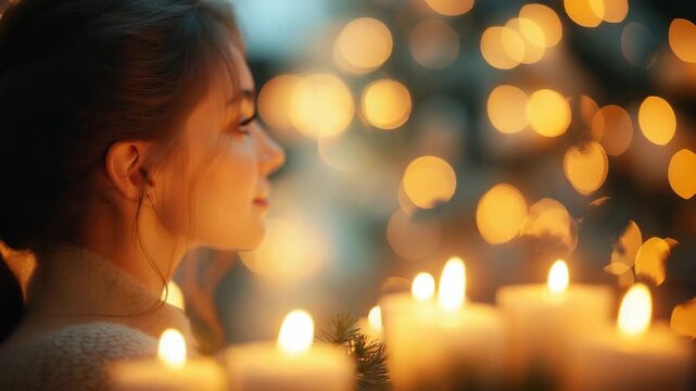Young woman in candlelit meditation cinematic scene expressing faith inner peace and spiritual reflection