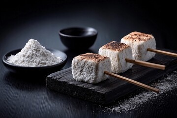 Marshmallow skewers with powdered sugar
