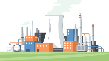 Obraz premium Industrial factory complex illustration with power plant, smokestacks, pipelines, energy production facility, pollution concept, manufacturing industry, flat vector style