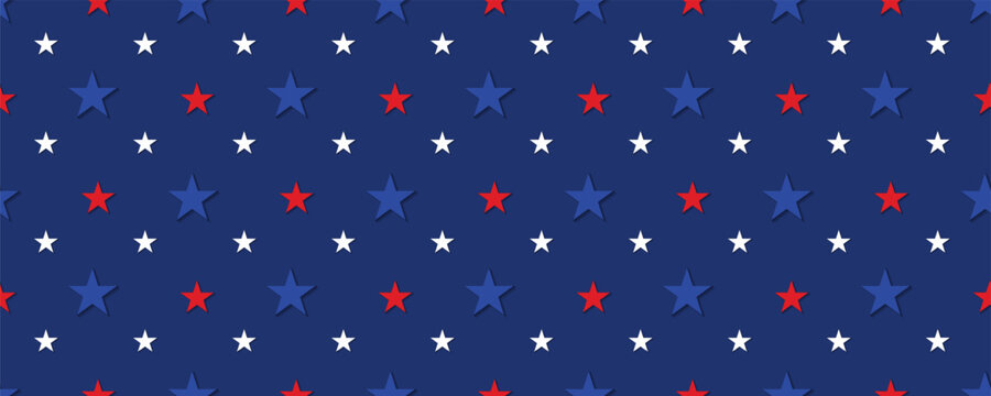Groovy seamless pattern with red, white, and blue stars on deep blue. American patriotic background. USA traditional backdrop. Great for web banners, cards, posters, social media