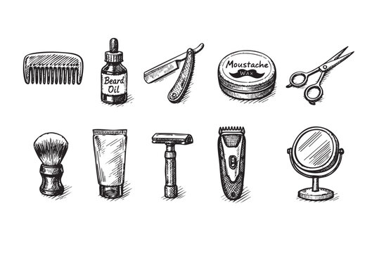 This hand-drawn vintage illustration showcases classic barber and male grooming essentials: razors, beard oil, aftershave, brush, and mirror, in black and white on a clean white background.
