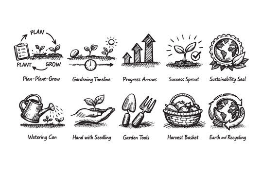 Hand-drawn doodle icons illustrating plant growth, gardening, business development, and environmental sustainability with a sketchy black and white style, isolated on a clean white background.