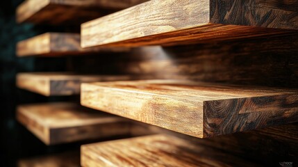 Wooden shelves display close up