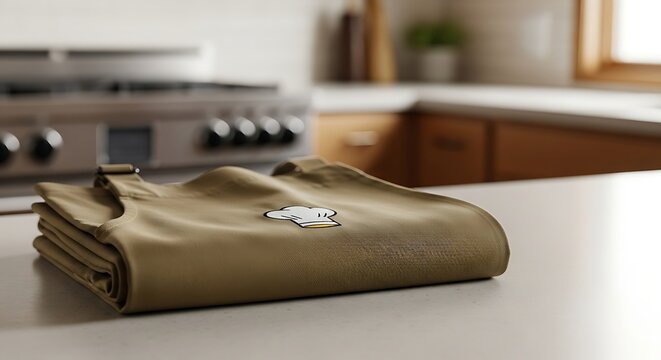 Folded kitchen apron with cartoon duck design on a kitchen counter surrounded by cooking equipment and wooden cabinets in a modern home kitchen setting with natural light.