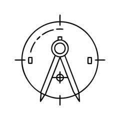 A technical drawing of a compass with a circular frame and precision instruments