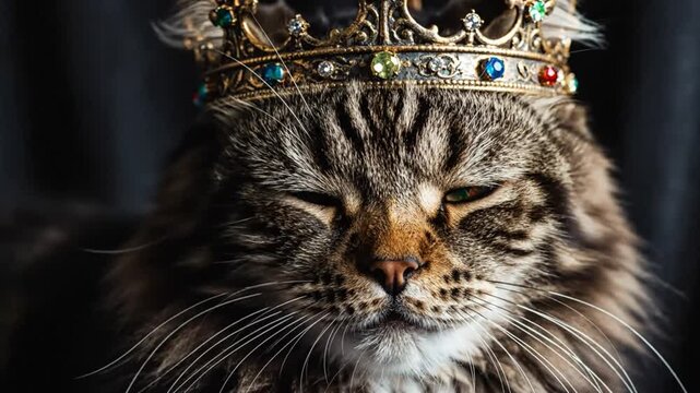 Majestic feline portrait wearing a regal golden crown, exuding nobility and dominance in close-up
