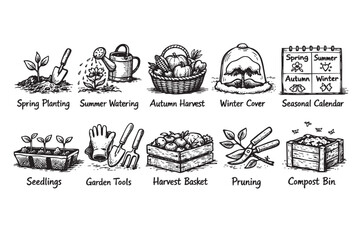 This black and white hand-drawn vector illustration set depicts various seasonal gardening activities and essential tools, perfect for educational content, infographics, or rustic design projects.