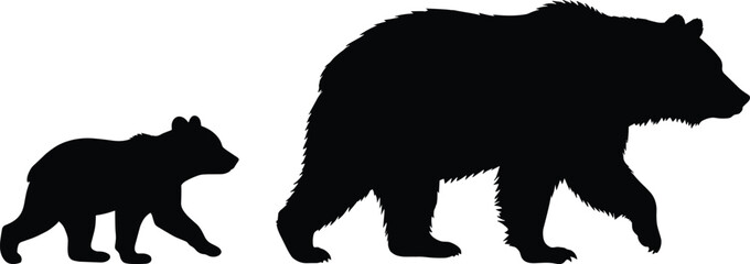 Young bear cub following larger adult bear silhouette on white background, wildlife family concept, nature animal illustration design for education, conservation, and storytelling imagery. © Mst Jotsna
