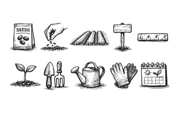 A detailed hand-drawn set of black and white gardening tools and planting elements, including seeds, a sprout, watering can, and gloves, perfect for illustrating garden care and cultivation.