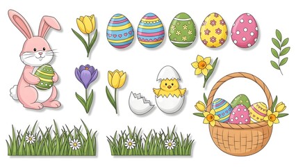 Fototapeta premium Easter celebration with bunny eggs flowers and basket