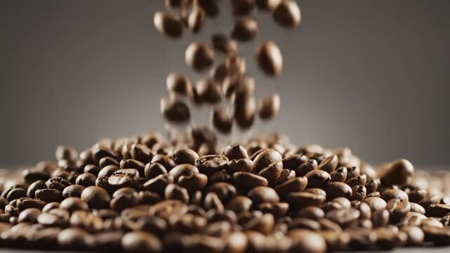Roasted coffee beans pouring down onto a heap with a blurred background, close-up shot