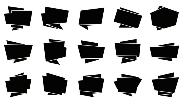 Modern Abstract Black Banners and Labels Set. Geometric Silhouette Ribbons, Price Tags, and Speech Bubble Shapes for Design and Sale Promotions.