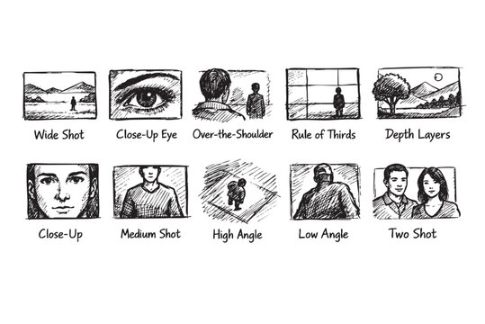 This hand-drawn, black and white illustration visually demonstrates ten fundamental photography and filmmaking shot types and composition rules, perfect for educational content.