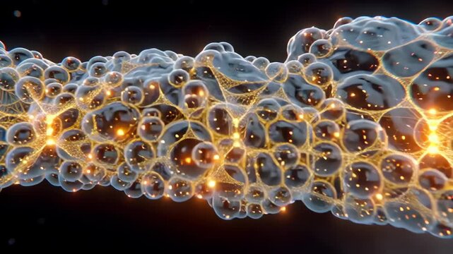 Close-up view of a complex cellular structure, featuring translucent spheres interwoven with dynamic glowing light particles, set against a dark background. perfect for illustrating scientific, techno