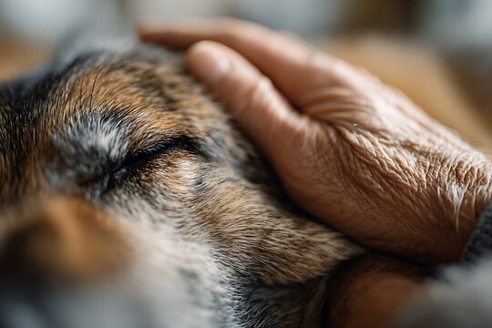 Extreme close up of human hand on dog head. Dog fur and closed eye visible. Pet farewell and euthanasia decision due to illness concept