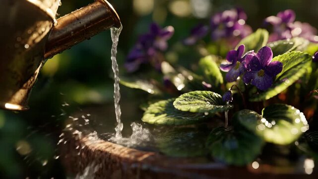 Water flows from a metal spout into a pot of violet flowers in a garden setting full of greenery