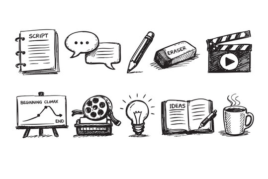 This collection of hand-drawn doodle icons illustrates the comprehensive creative process, from scriptwriting and idea generation to film production, perfect for design and educational content.