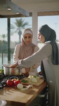 Muslim women cooking food before breaking their fast during the holy month of Ramadan (the month of fasting for Muslims), chopping vegetables and heating the food.