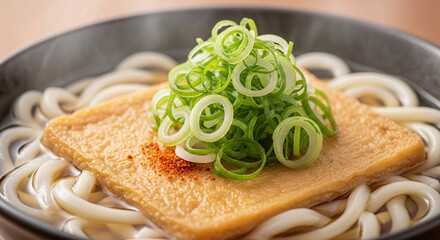 Steaming bowl of hot udon noodles topped with fried tofu and green onions, a comforting Japanese dish.