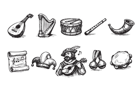 A detailed set of black and white hand-drawn medieval musical instruments and a minstrel playing a lute, perfect for historical, folk, or music-themed designs.