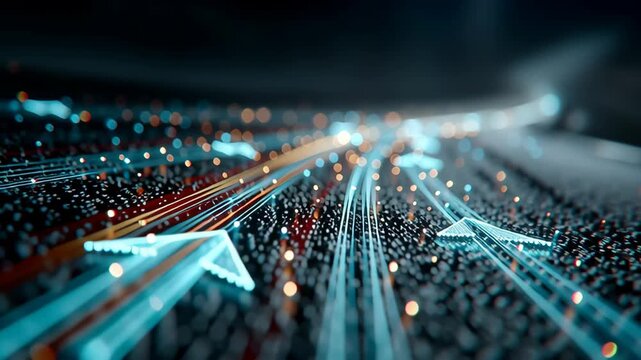 A futuristic digital arrow set against a dark backdrop, surrounded by neon lights and binary patterns, evokes a cyberpunk aesthetic. perfect for technology-themed designs, innovation and digital trans