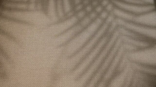 Defocused leaf shadow creating a natural pattern on beige fabric texture background. Suitable for branding, wellness design, sustainable themes, social media, and product development