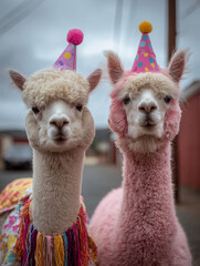 Obraz premium Two adorable alpacas wearing colorful party hats and decorations are standing side by side outdoors