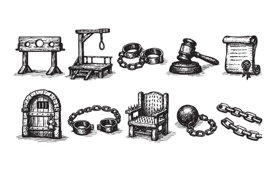 This monochrome vector illustration showcases a historical collection of legal, justice, and punishment instruments in a vintage sketch style, perfect for editorial or educational content.
