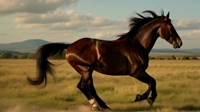 Dynamic side-angle shot of a galloping horse in a vast field, capturing its elegance and power, reminiscent of a nature documentary video. Live desktop wallpaper.