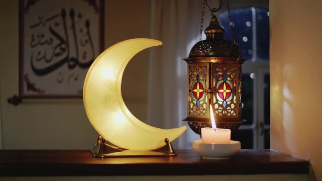 Decorations for the holy month of Ramadan (lantern, crescent moon Hilal, and candles), the month of fasting and worship for Muslims - Ramadan pattern, Ramadan background, Ramadan vibes, 