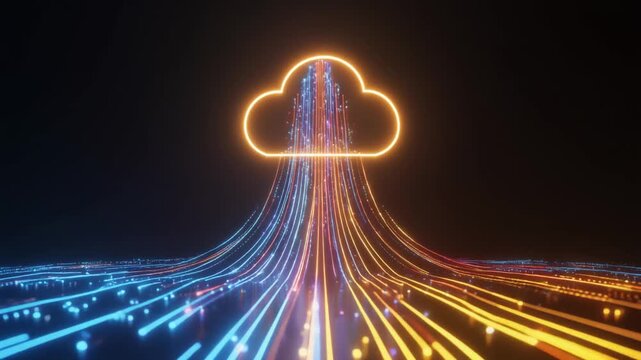 Dynamic visualization of digital data streaming from a radiant cloud server, illustrating modern network technology and information transfer processes