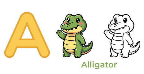 Fototapeta premium Letter A for Alligator. Cute cartoon alligator character with alphabet letter A. Vector illustration set: colored mascot, black and white outline for coloring book, and text. Educational ABC card for 